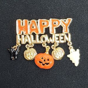 Vintage Gold Tone Enamel Happy Halloween Pin Brooch Cat Ghost Jack O Lantern